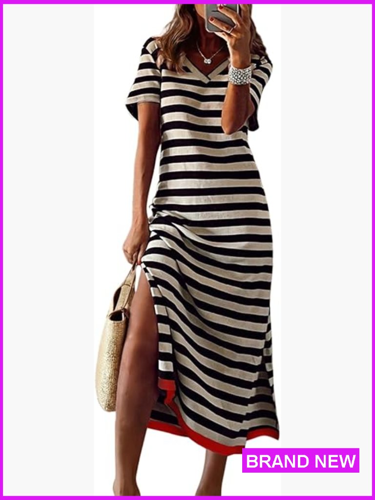Striped Split Maxi Dress Summer Short Sleeve Casual Color Block T Shirt Dress